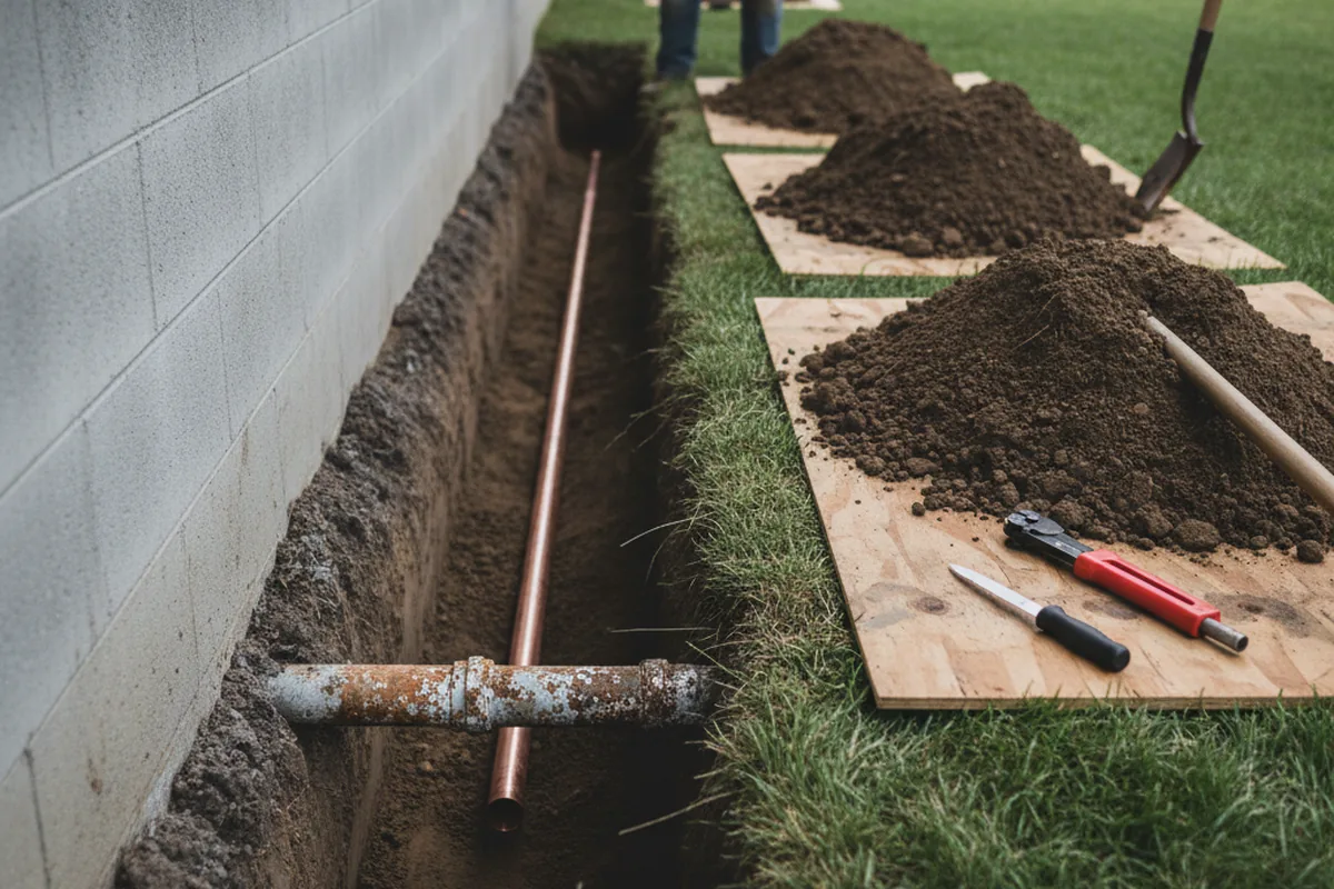 Excavated water line trench during Water Softener Installation in Gray Court